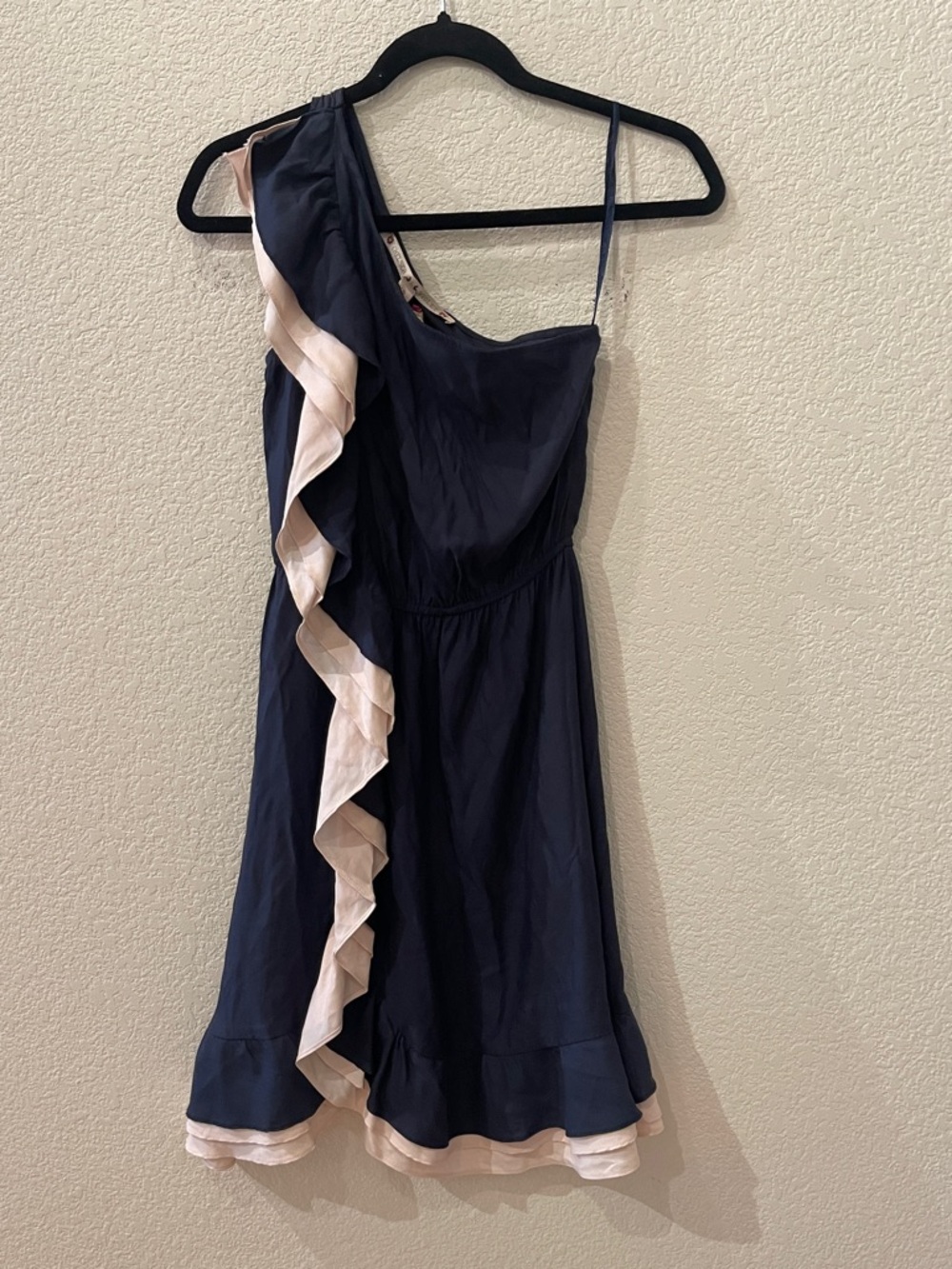Navy One-Shoulder Ruffle Dress with Blush Trim  by